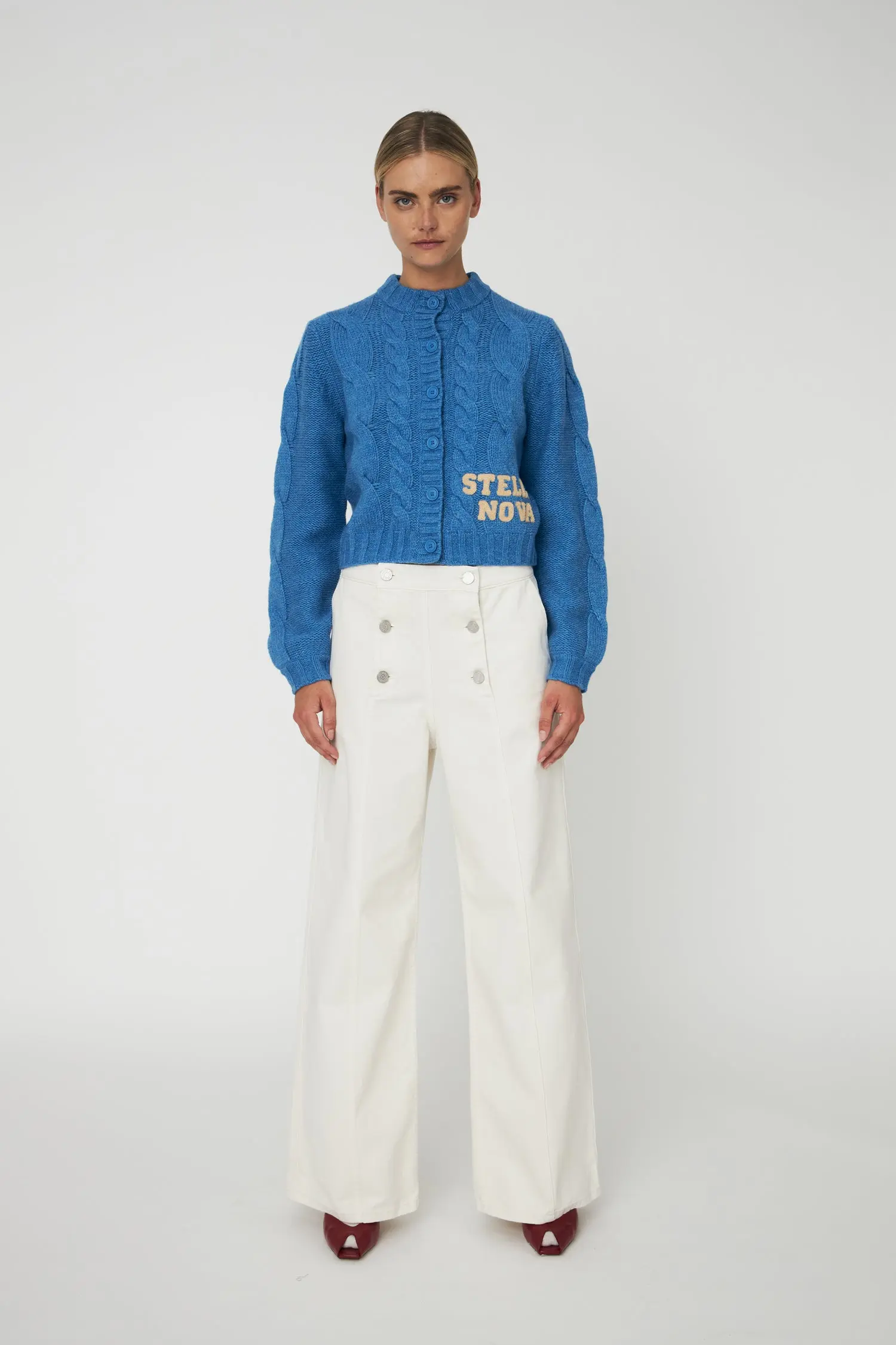 Cropped Cable Cardigan in Wool Mix - Blue Sea