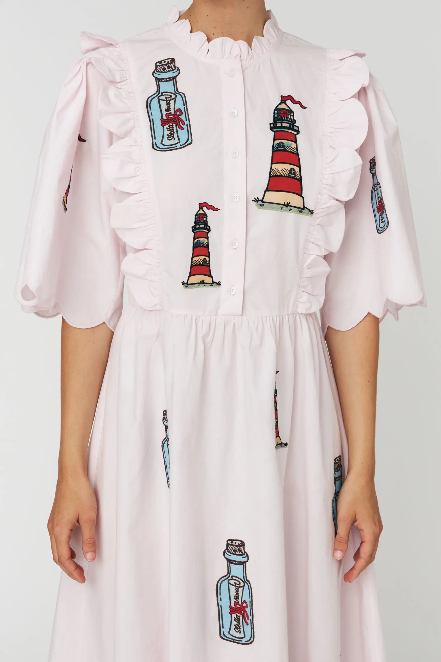 Embroidered Midi dress with Scallops - Pale Pink - Image 2