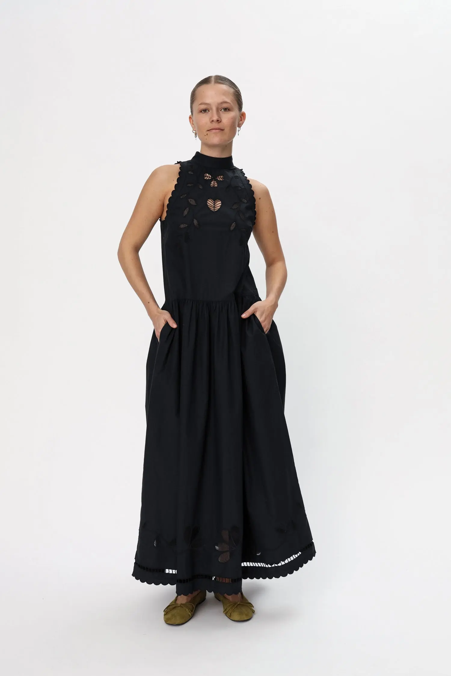 Embroidery Anglaise Maxi Strap Dress - Black