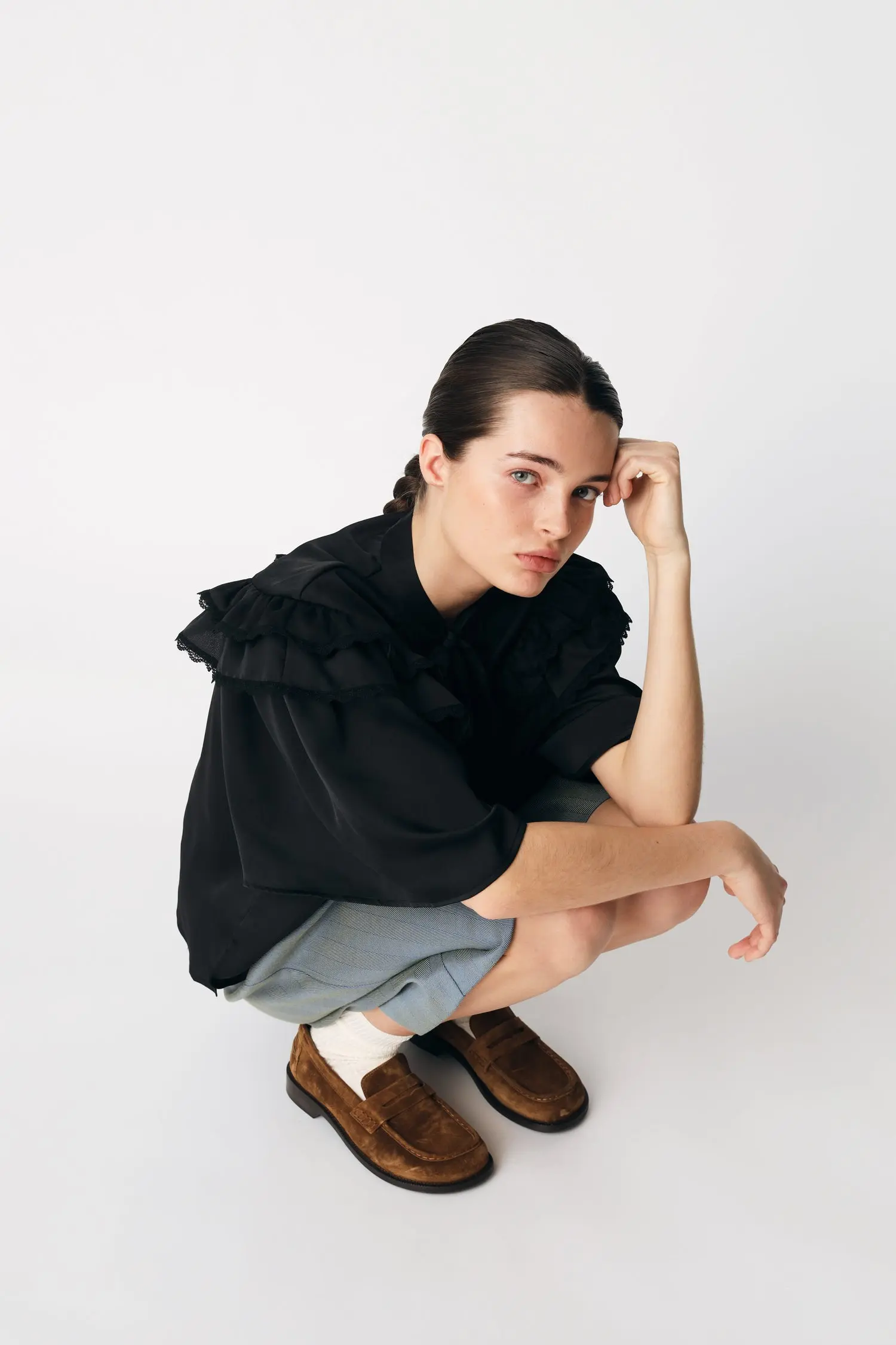 Loose Blouse with Frills - Black - Image 3