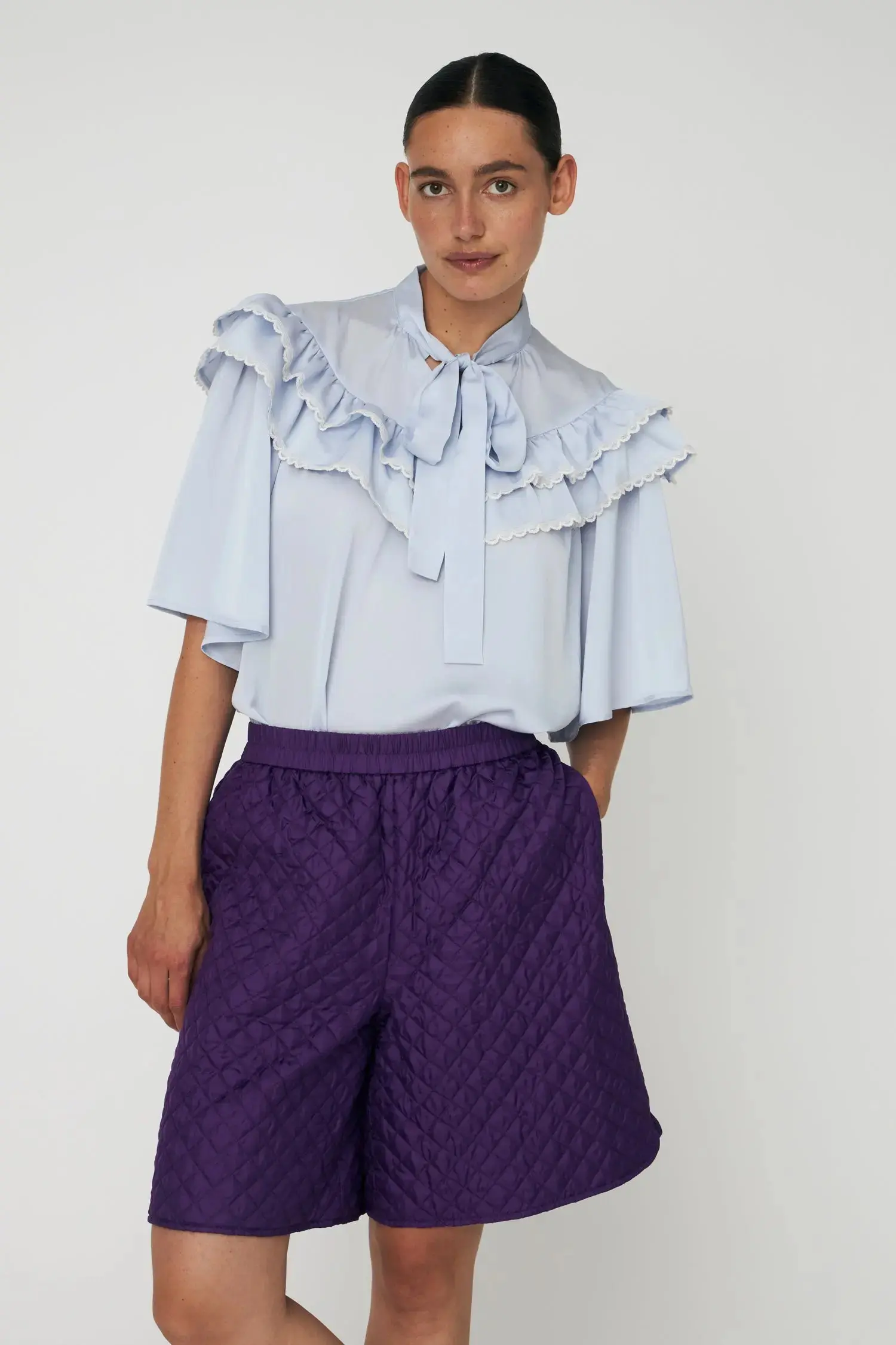 Loose Blouse with Frills - Dust Blue - Image 3