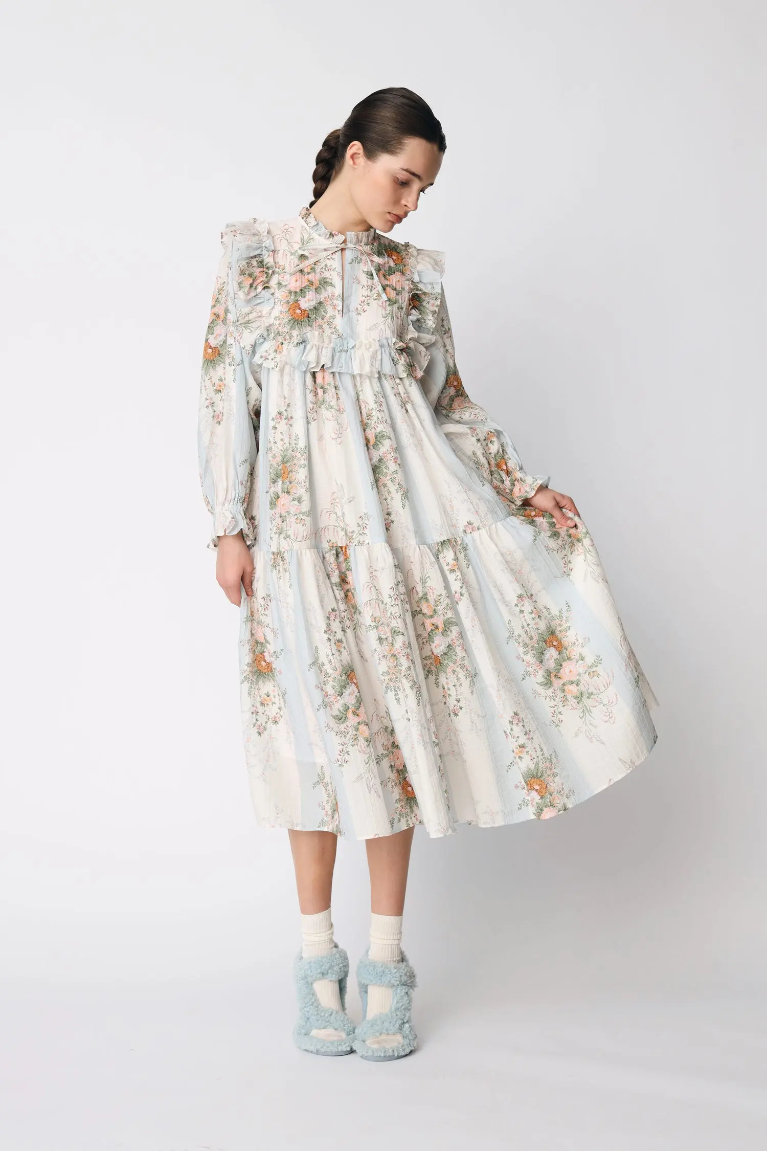 Loose fitted Frill Maxi Dress - Creme Multicolour Flowers - Image 2