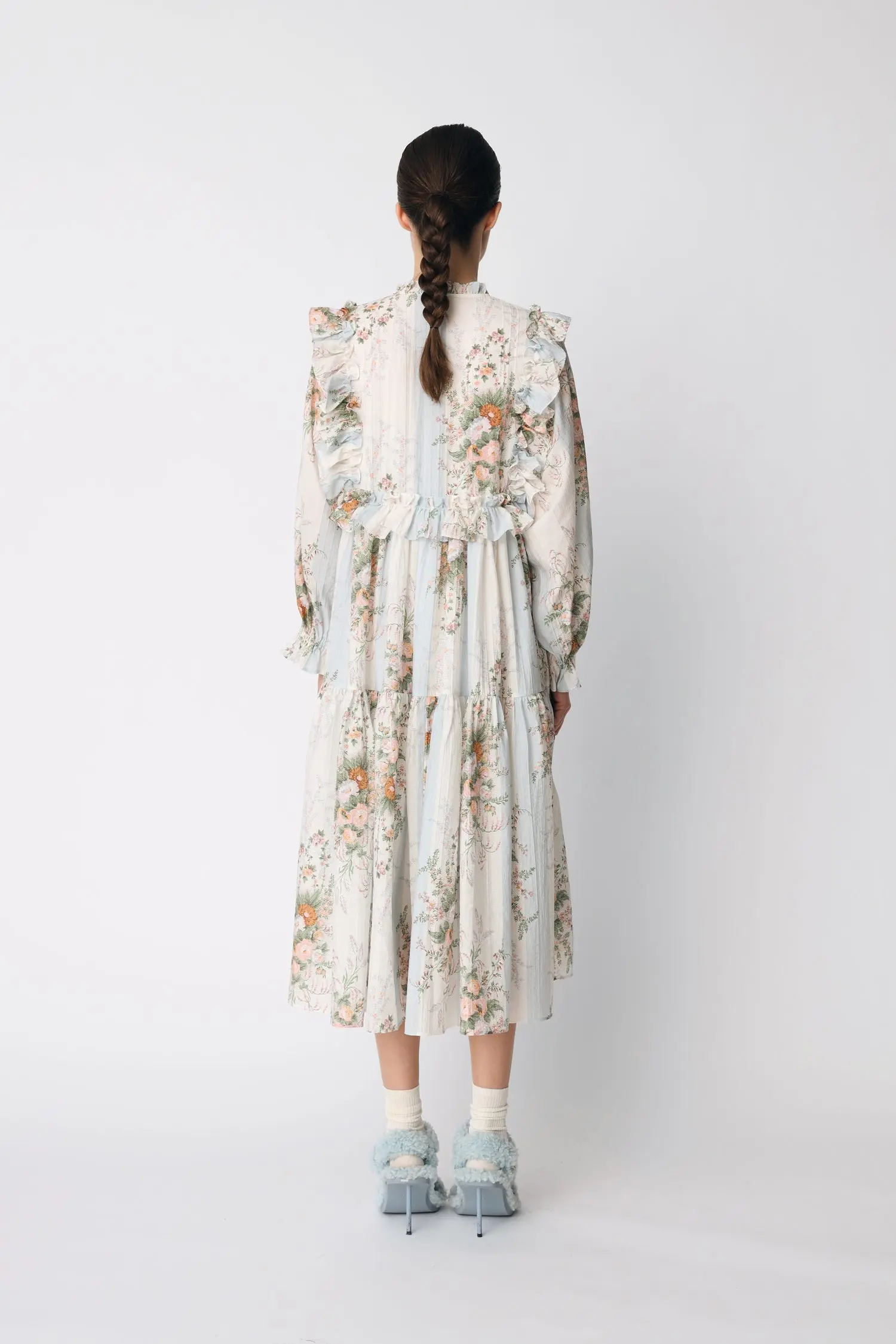 Loose fitted Frill Maxi Dress - Creme Multicolour Flowers - Image 3
