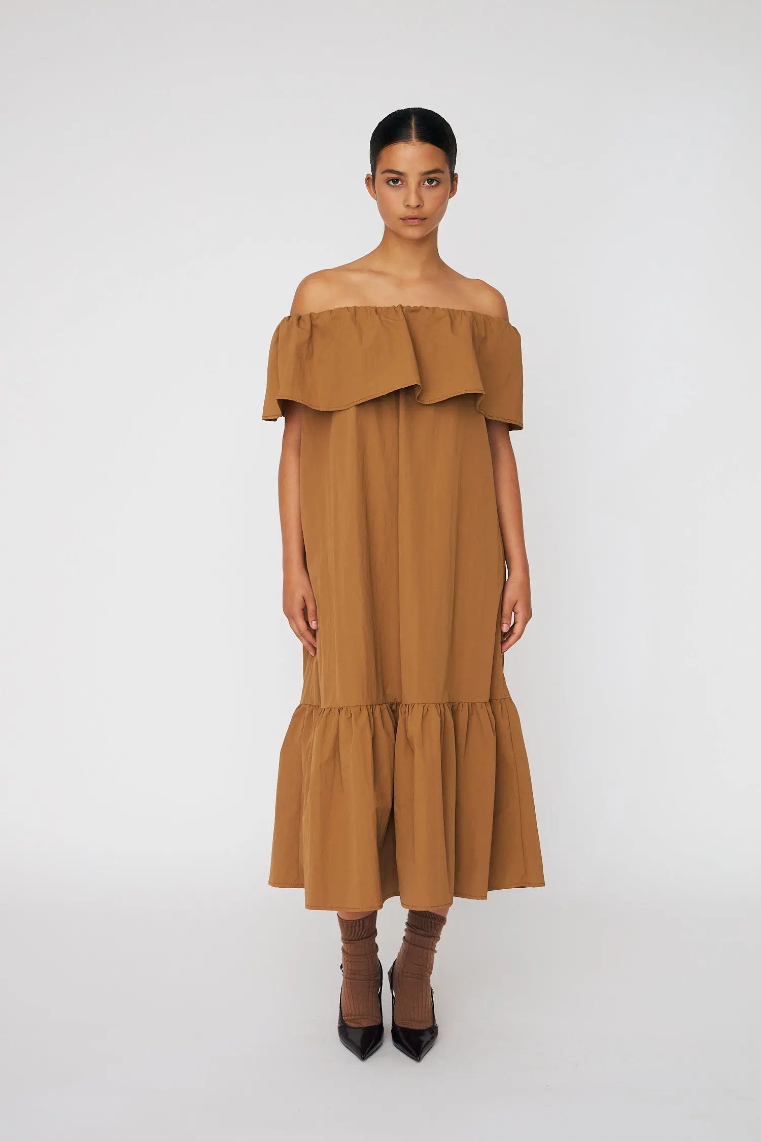 Off shoulder Midi Dress - Camel Brown