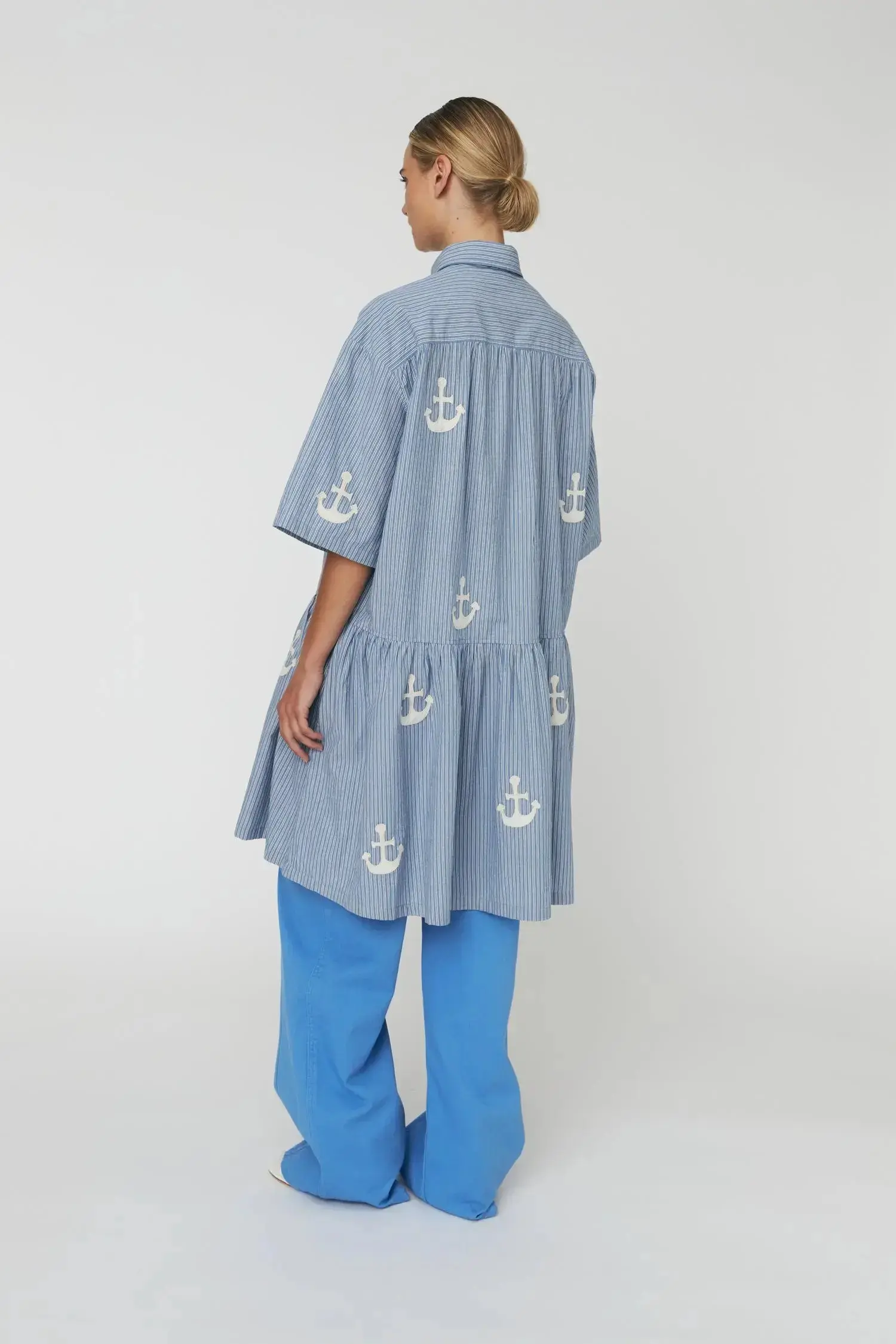 Oversized Dress with embroidered Anchor - Blue Stripes - Image 3