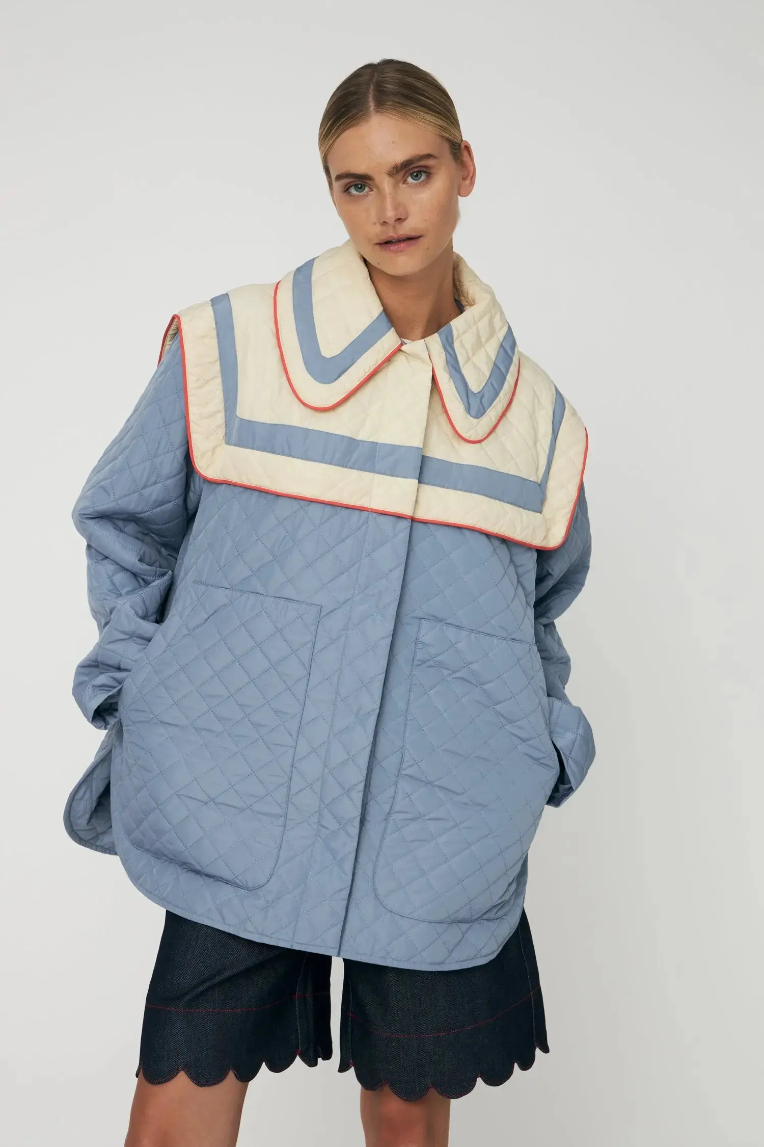 Oversized Quilted Sailor Coat - Lovely Blue - Image 5