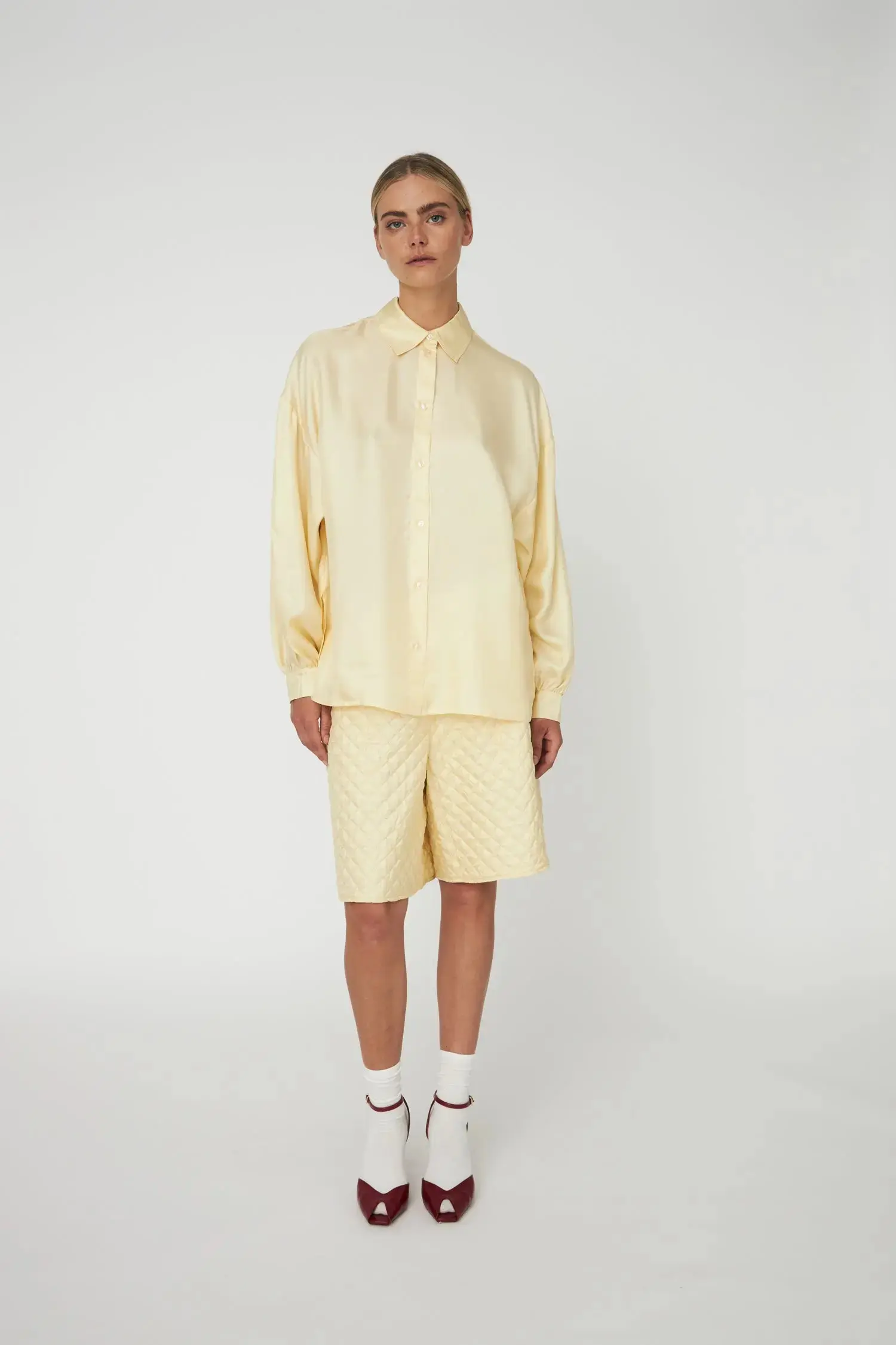 Oversized Silk Shirt with Bow - Soft Yellow - Image 3