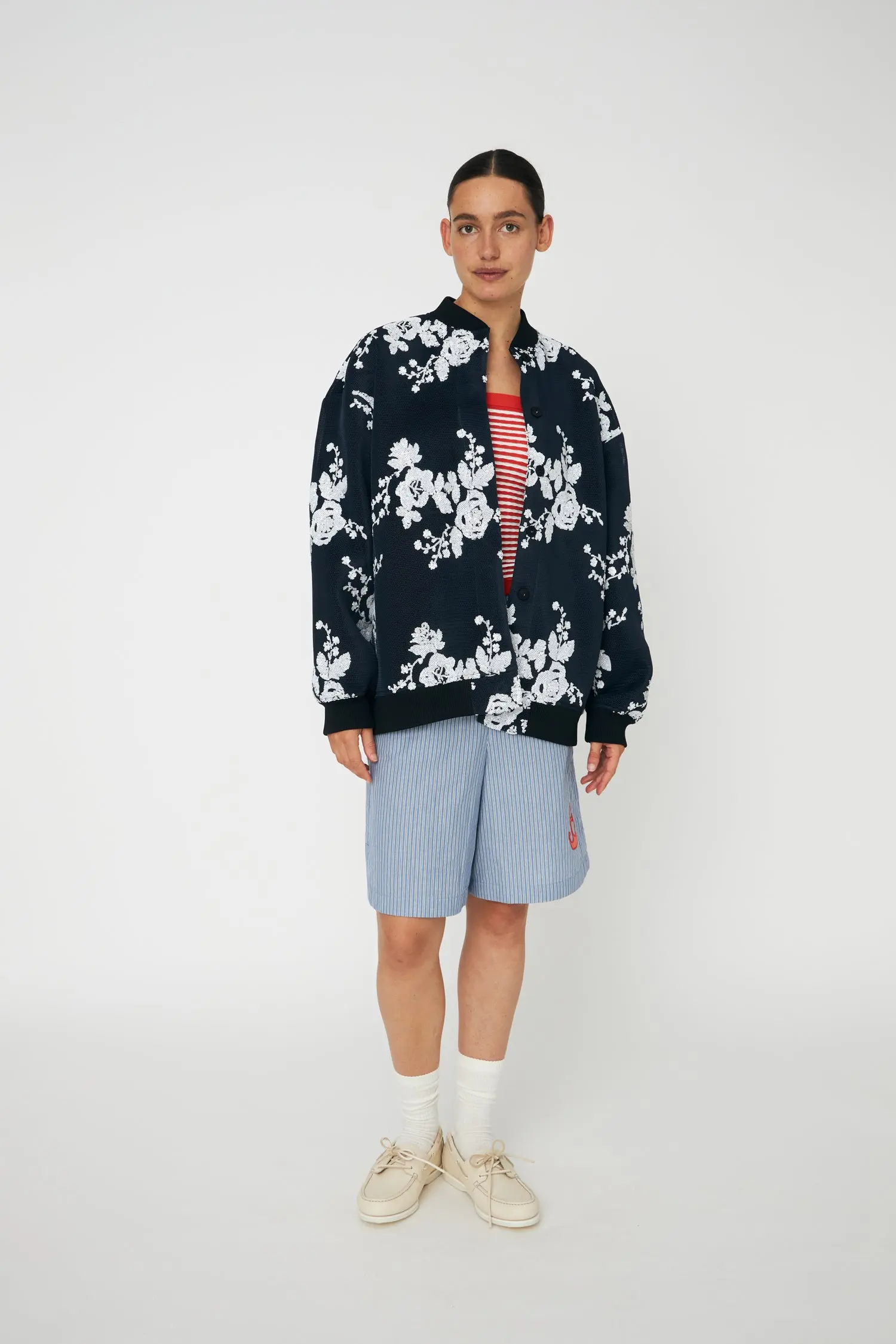 Sequins Mesh Oversized Jacket - White and Blue
