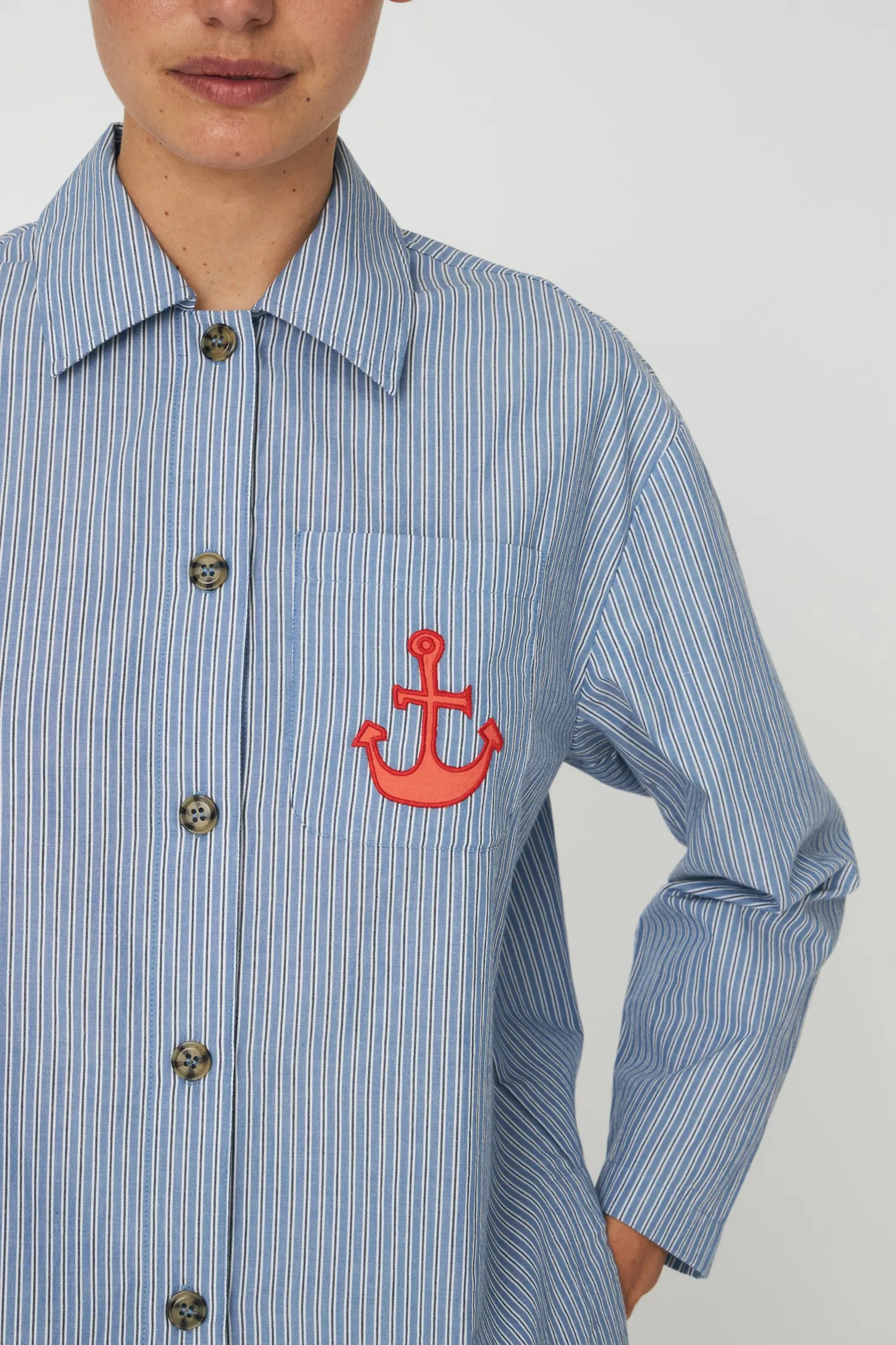 Striped Anchor Embroidered Shirt - Blue Stripes - Image 2