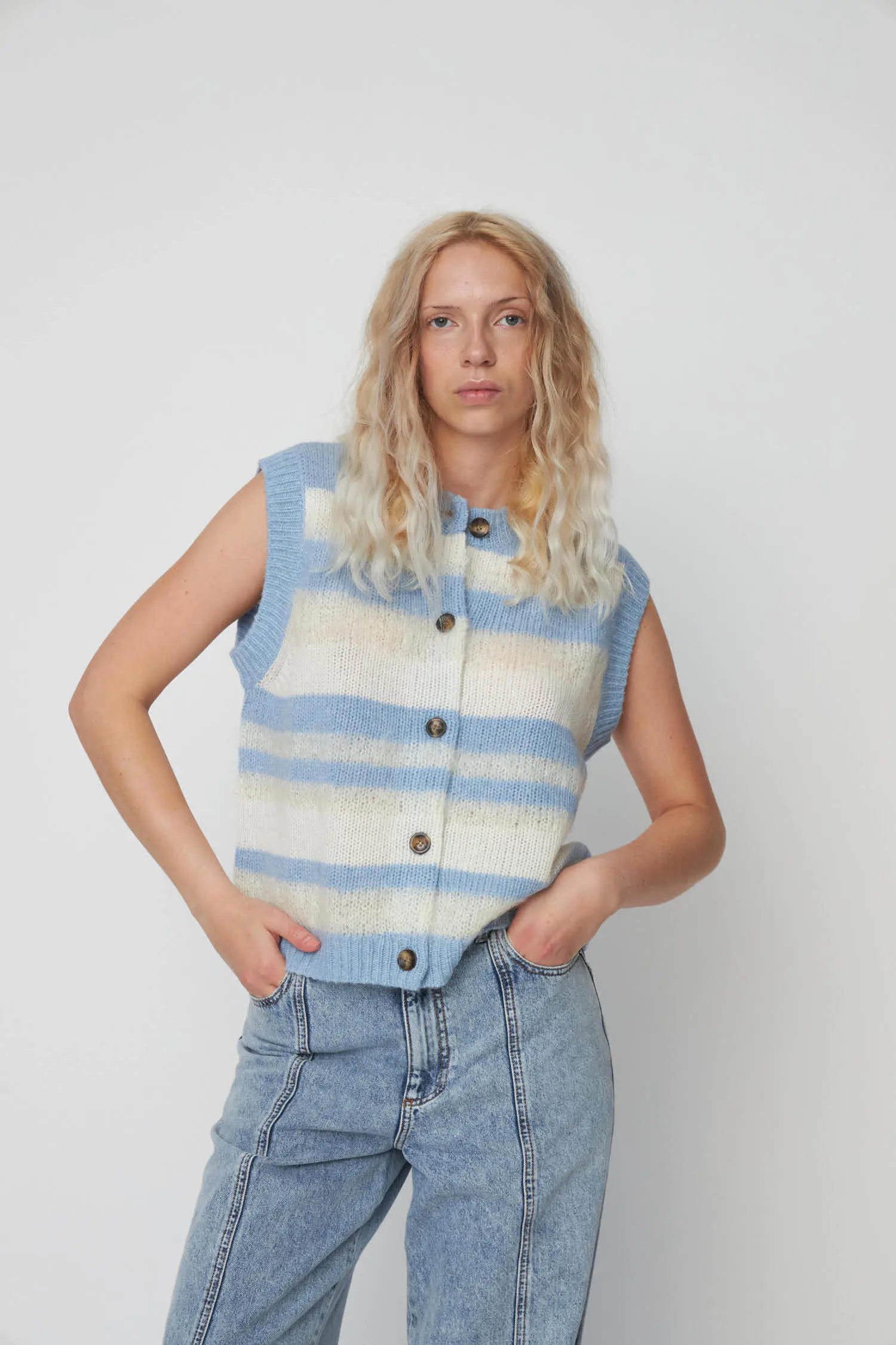 Striped Mohair Cardigan-Vest - Creme Blue Stripes - Image 3