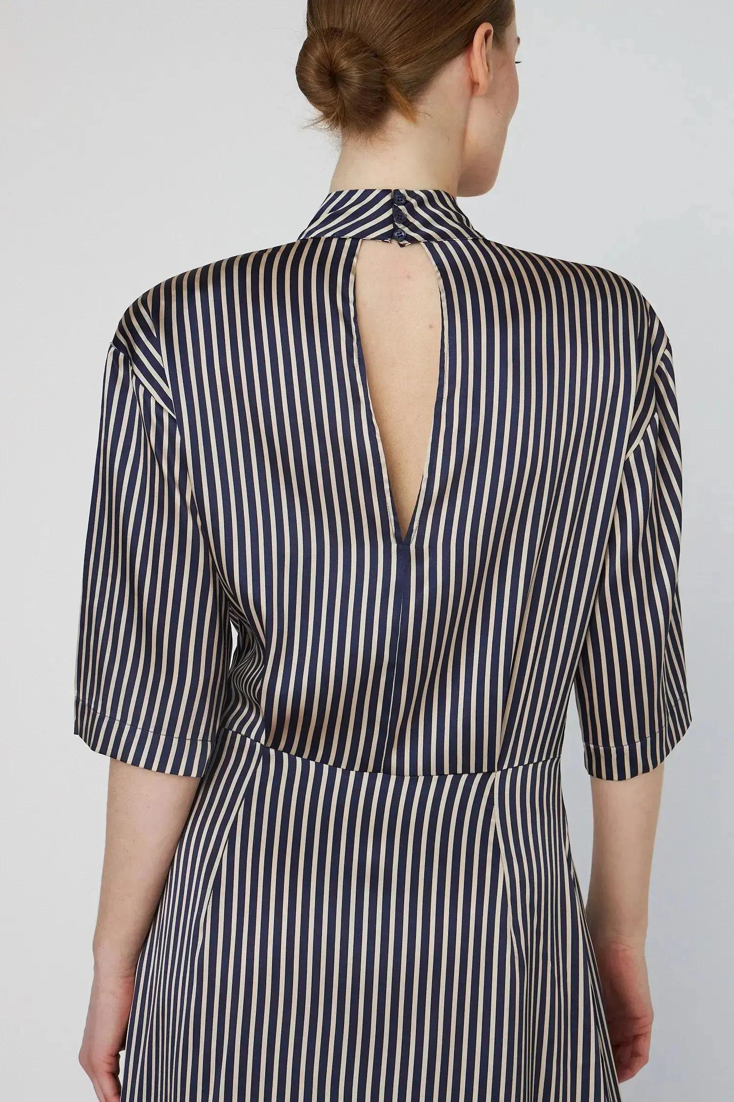 Striped Silk Midi Dress - Creme Blue Stripes - Image 3