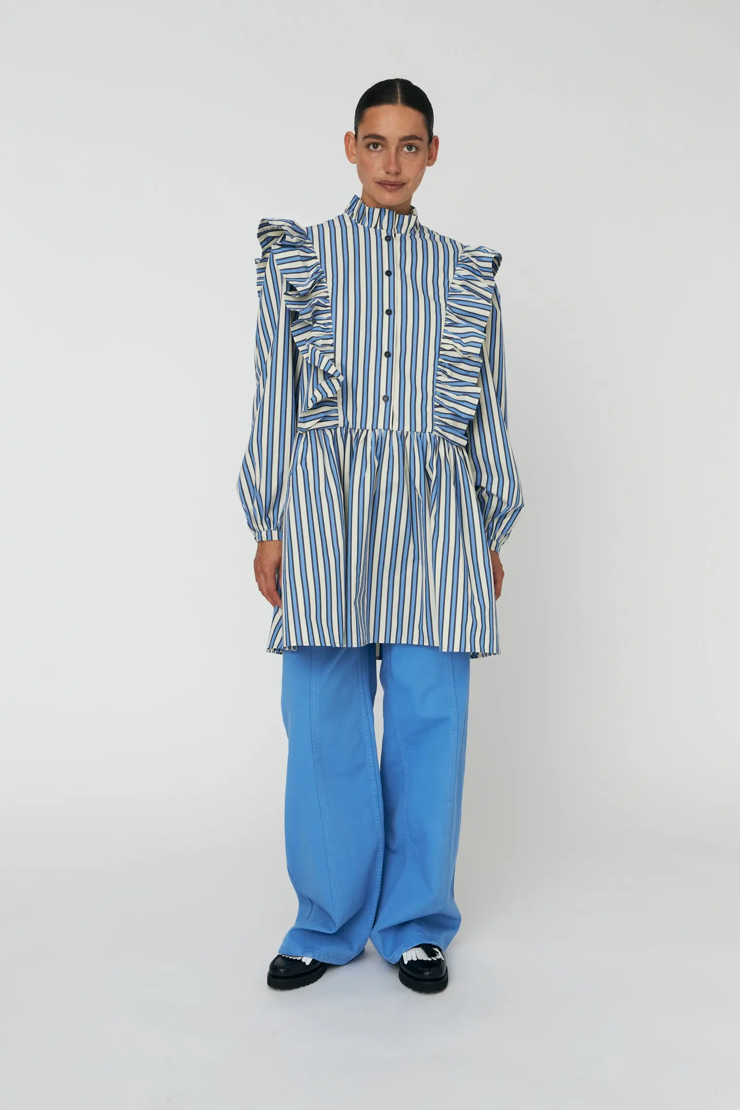Yarn Dyed Striped Dress - Creme Blue Stripes - Image 2