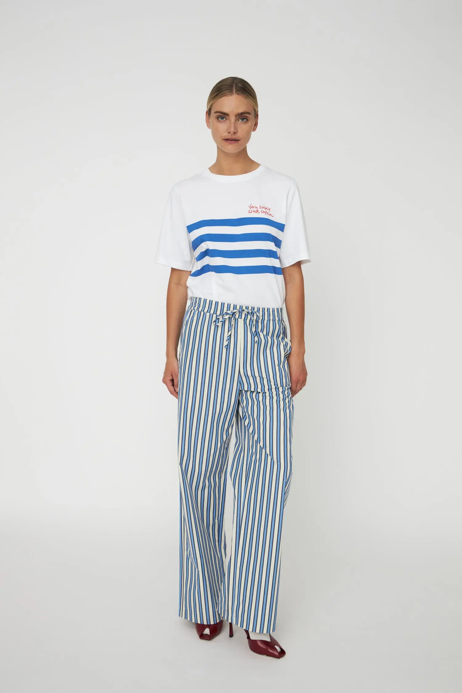 Yarn Dyed Striped Pants - Creme Blue Stripes